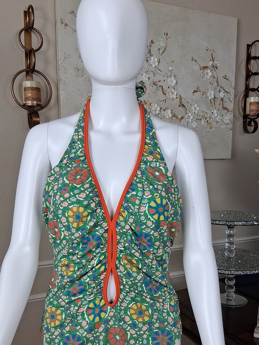 Women's Green Mosaic Halter V Neck One-Piece Swimsuit with Coral Trim Large - Picture 11 of 16